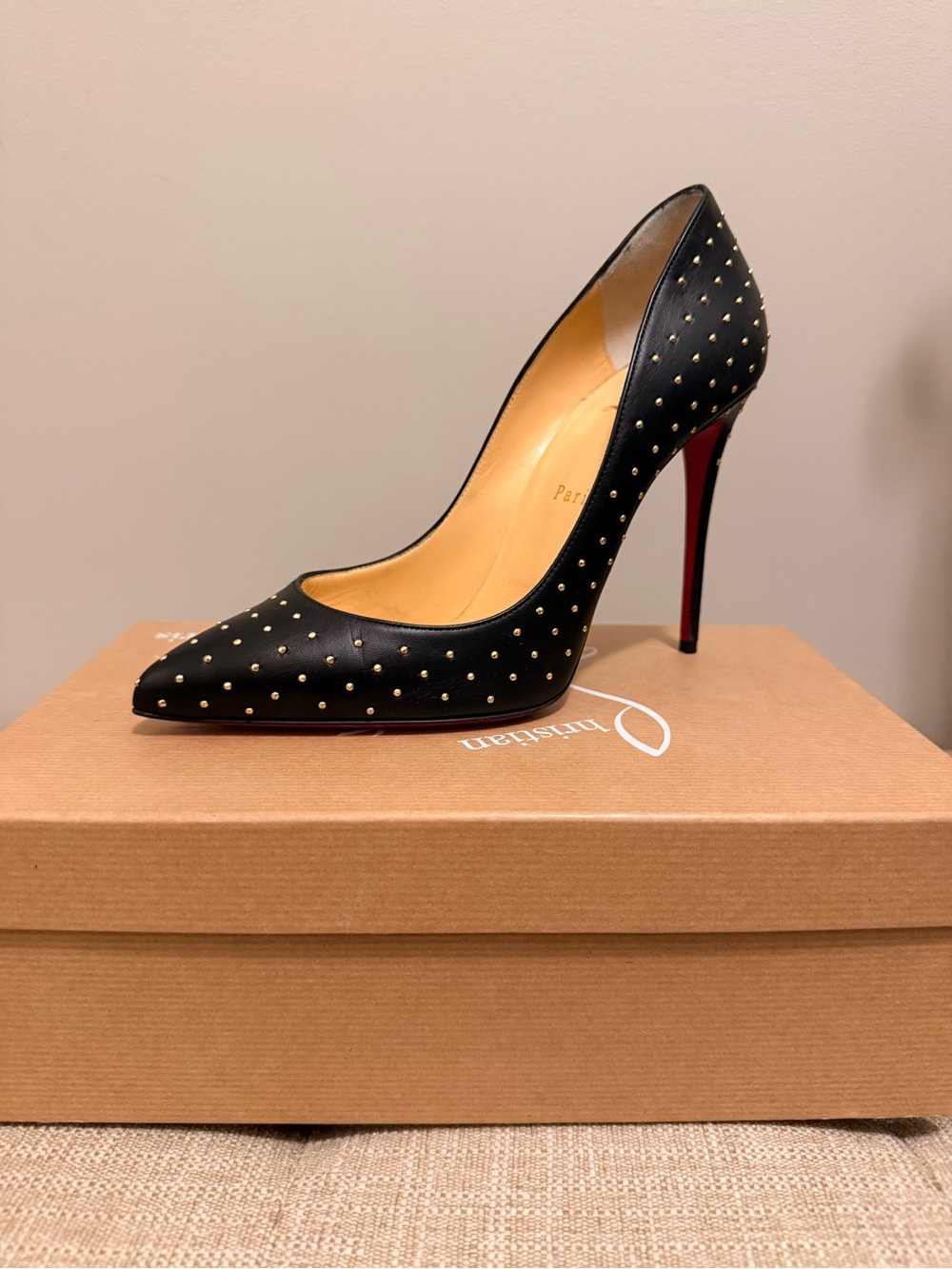 Christian Louboutin Black Leather Pointed Pump with Gold Studs